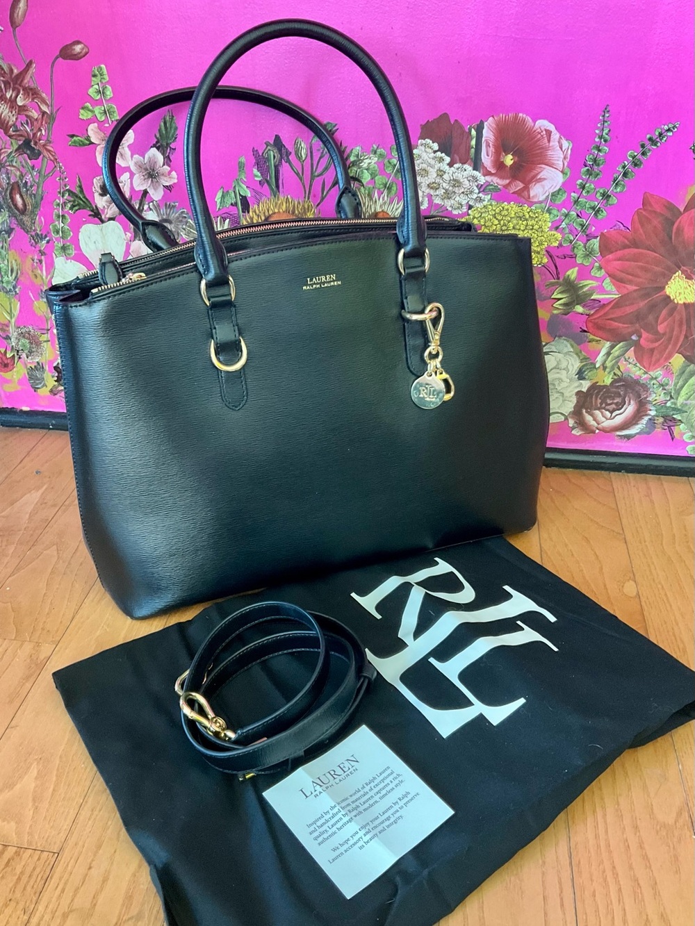 Lauren Ralph Lauren Black Leather Satchel with Gold-Tone Charm